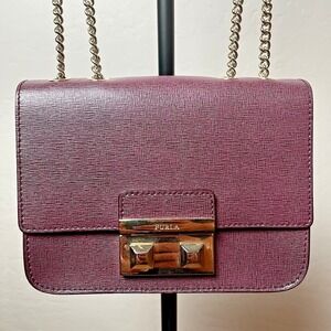 Furla Bella Mini Crossbody Bag Burgundy Purple Saffiano Leather Gold Chain